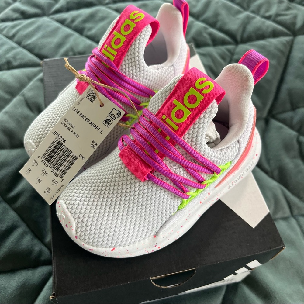 Adidas White Sneakers with Neon Pink/Green - Toddler 7 (NEW in box)